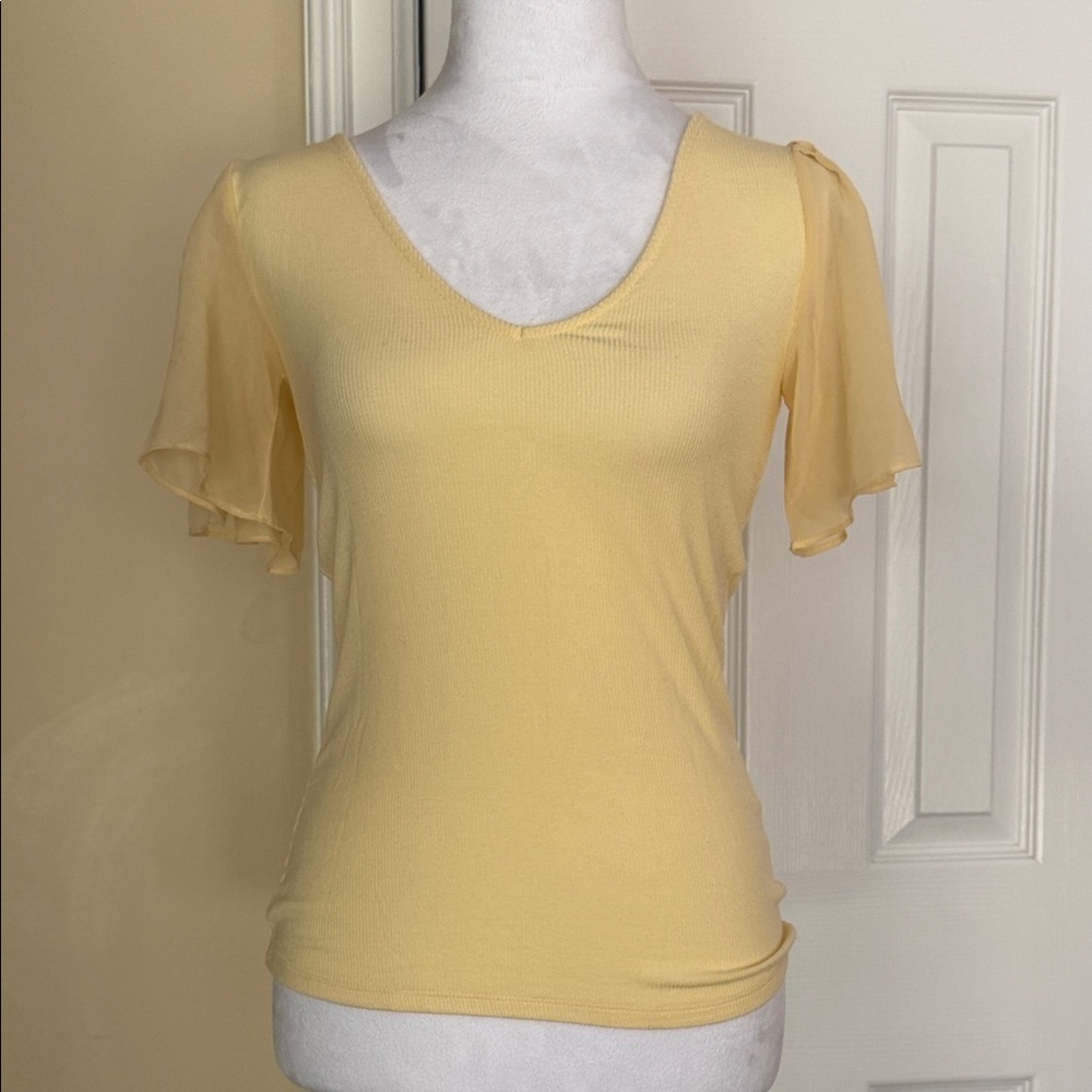 1.STATE Flutter Sleeve Ribbed V-Neck Knit Top yellow XS sheer sleeves